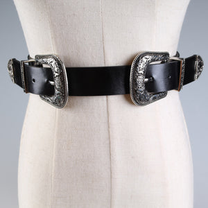 Double-headed vintage carved fashion silver buckle ladies pin buckle belt - Minihomy