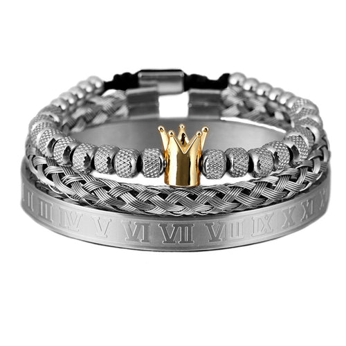 Stainless Steel Roman Royal Crown Charm Bracelet for Men