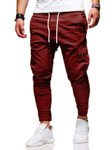 Casual Men Solid Color Multi Pocket Drawstring Ankle Tie Cargo Pants