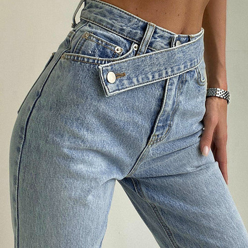 Irregular Belt High Waist Straight Distressed Light-colored Jeans