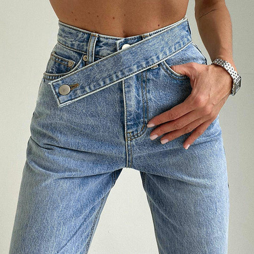 Irregular Belt High Waist Straight Distressed Light-colored Jeans