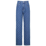 Rhombus Check Textured Straight Jeans