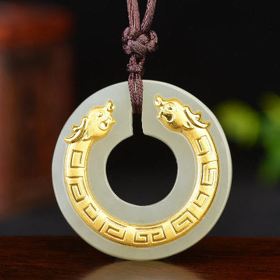 Ping An Buckle Gold Inlaid Double Dragon Jade Pendant