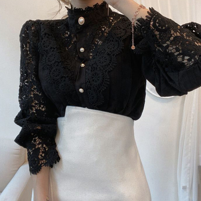 Lace Hollow Flower Stitching Long-Sleeved Stand Collar Shirt