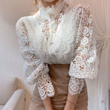 Lace Hollow Flower Stitching Long-Sleeved Stand Collar Shirt