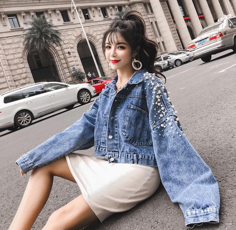 Denim Jacket For Female Students Loose Short And Small Beaded Top