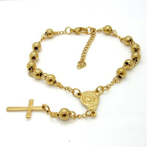 Stainless Steel Buddhist Bead Bracelet Cross Jesus Gold Bracelet