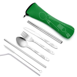 Stainless Steel Cutlery Set Travel Portable Knife, Fork, Spoon And Chopsticks Seven-Piece Straw Set