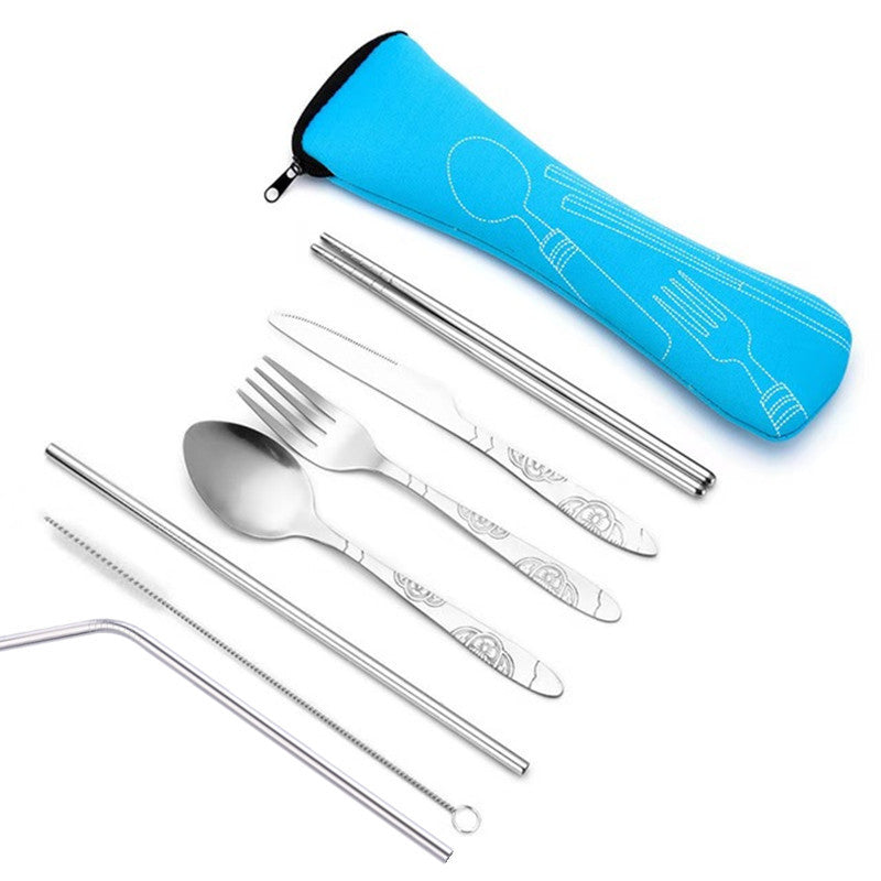 Stainless Steel Cutlery Set Travel Portable Knife, Fork, Spoon And Chopsticks Seven-Piece Straw Set