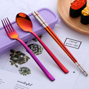 Portable Student Tableware Box Set Cute Chopsticks Spoon Fork Stainless Steel Three-Piece Single Travel