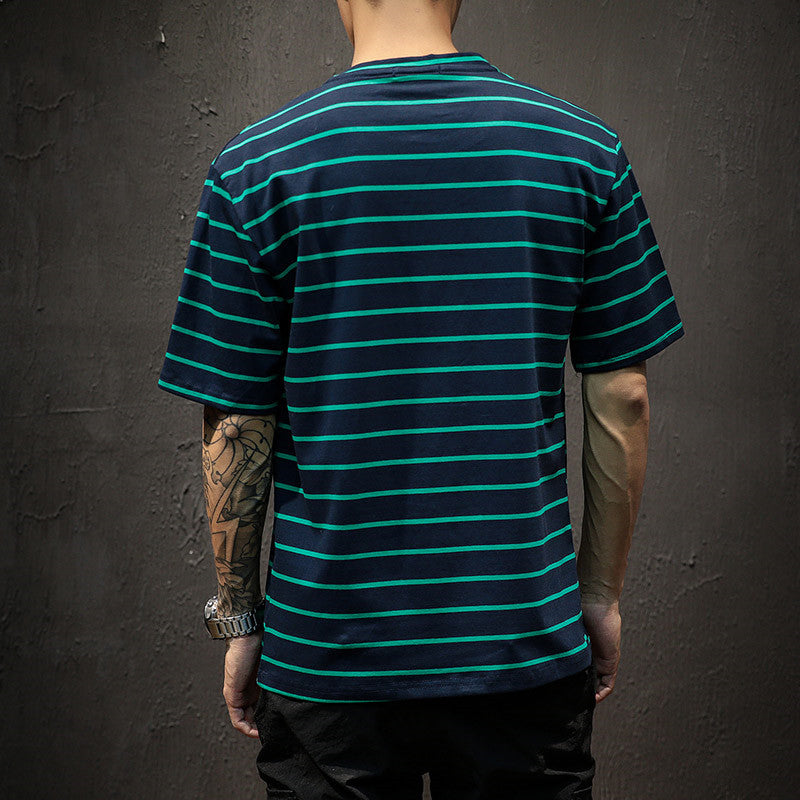 Striped Short-sleeved T-shirt Men's Bottoming Shirt Plus Size Clothes Loose Tide Ins Half Sleeve