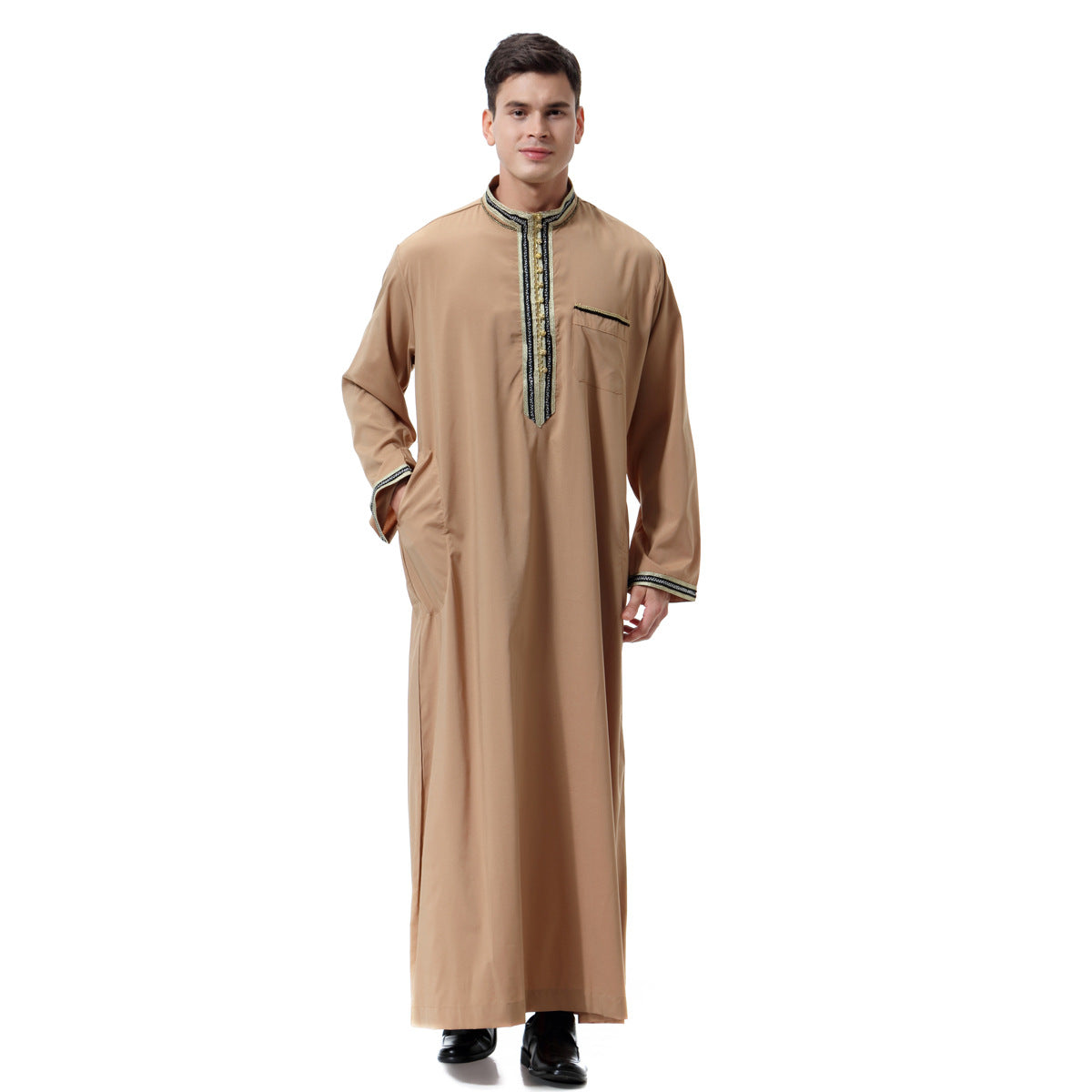 Muslim Arab Middle East Men's Applique Stand Collar Robe - Minihomy