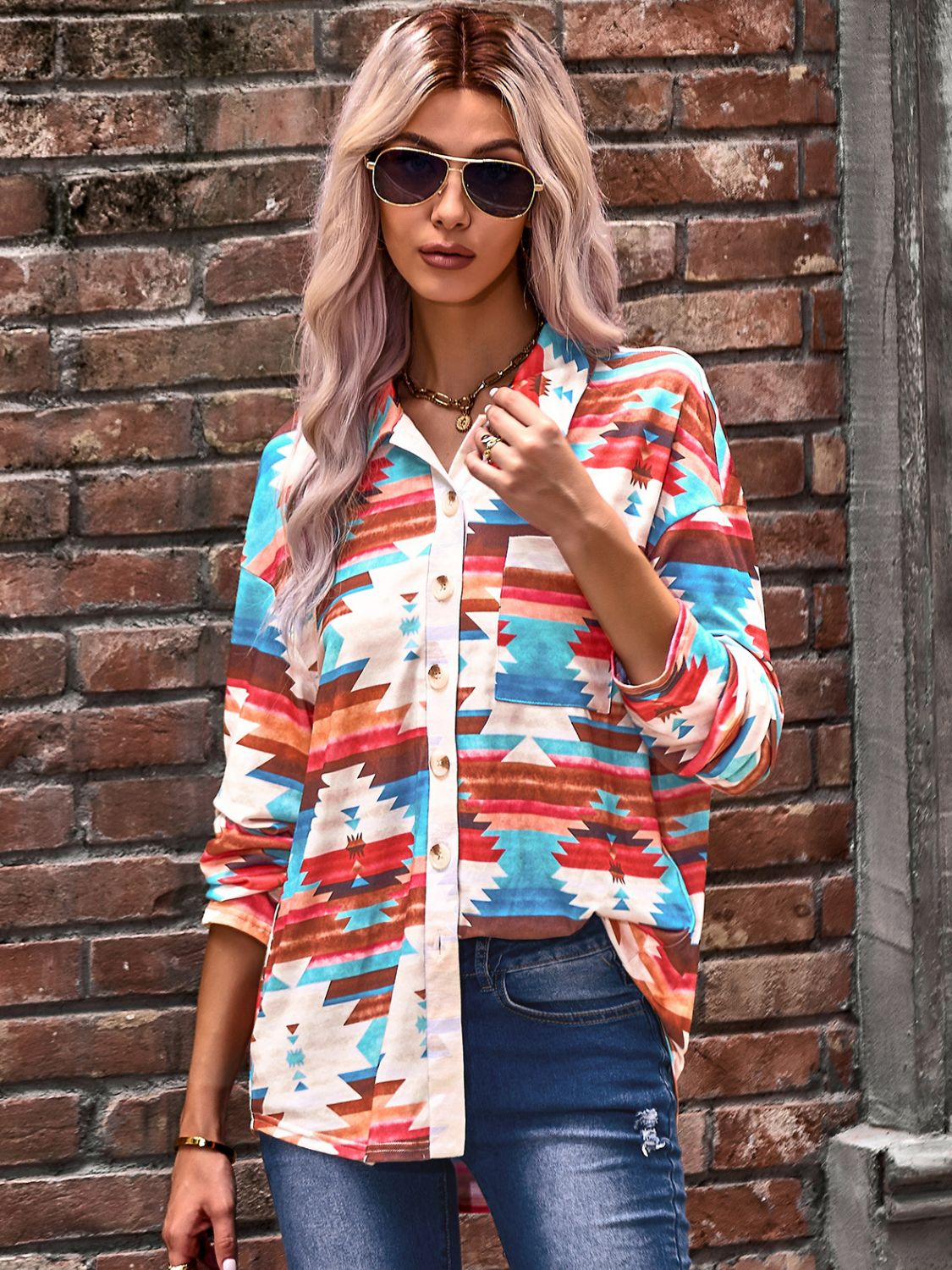 Printed Button Down Dropped Shoulder Shirt