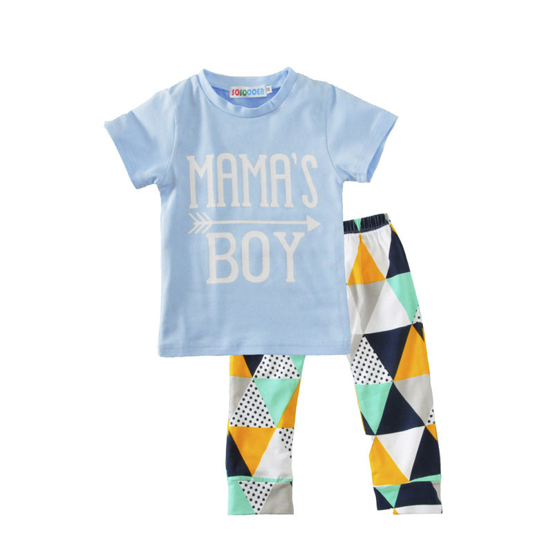 Short-Sleeved T-Shirt Blue Letter Arrow Geometric Pants Baby Two-Piece Suit