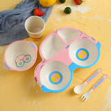 Children'S Bamboo Fiber Tableware Kindergarten Children'S Eating Grid Plate Household Cartoon Bowl Spoon Fork Cup Set