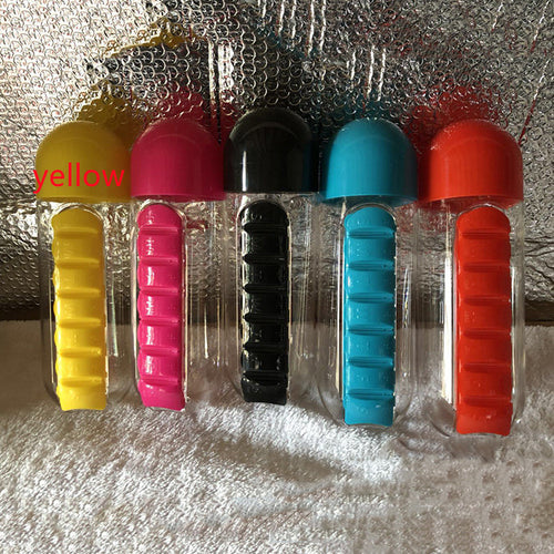 Water Bottle with Pillbox - Plastic Drink Bottle with Medicine Pills Box