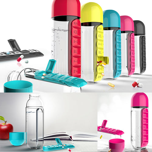 Water Bottle with Pillbox - Plastic Drink Bottle with Medicine Pills Box