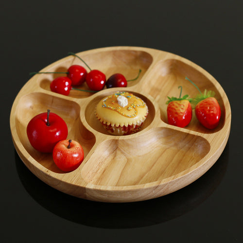 Rubber Wood Five-Grid Wooden Plate Snack Plate Household Features