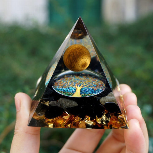 Natural Tiger Eye Orgonite Pyramid Healing Crystals Centerpiece Energy Generator Reiki Chakra Multiplier Orgone Amethyst Meditation