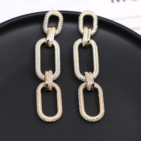 Micro-set Zirconium Diamond Gold Three-ring Chain Earring