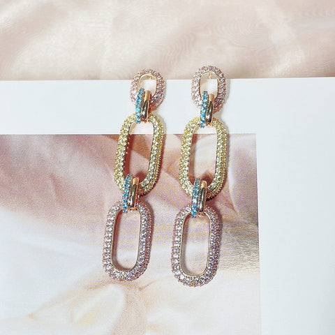 Micro-set Zirconium Diamond Gold Three-ring Chain Earring