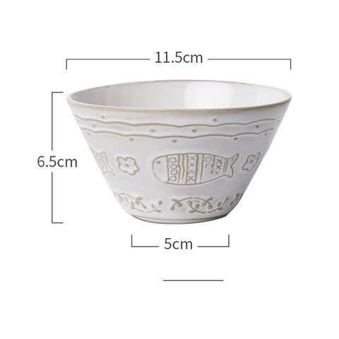 Retro White Glaze Cartoon Embossed Cat Ceramic Bowl