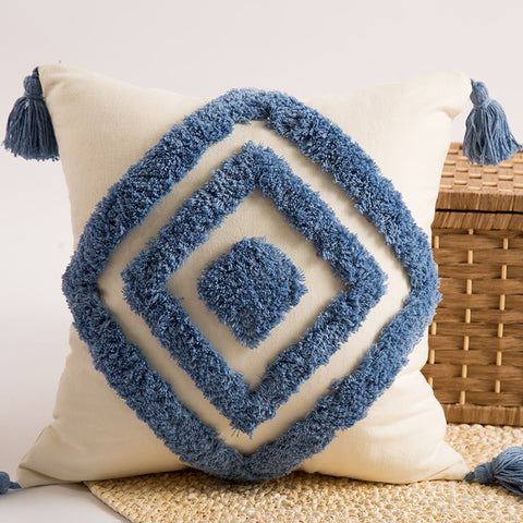 Tufted Embroidered Square Pillow, Embroidered Back Grid Tassel Sofa Waist Backrest
