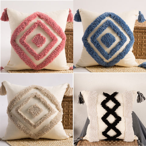 Tufted Embroidered Square Pillow, Embroidered Back Grid Tassel Sofa Waist Backrest