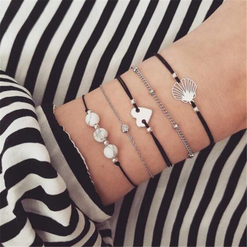 Shell hollow flower beads chain 4 piece bracelet