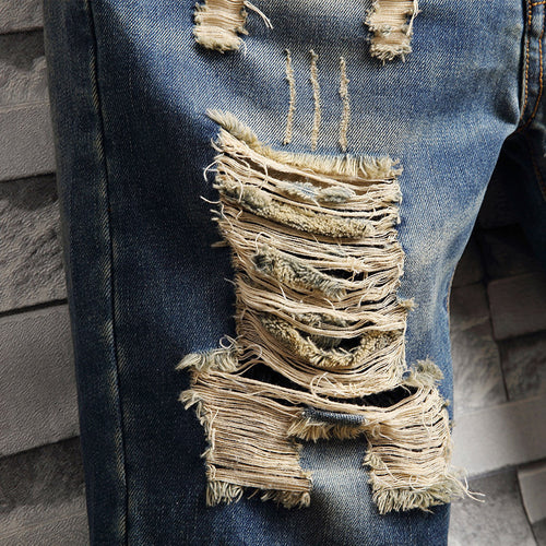 Men Vintage Ripped Short Jeans Streetwear Hole Slim Denim Shorts