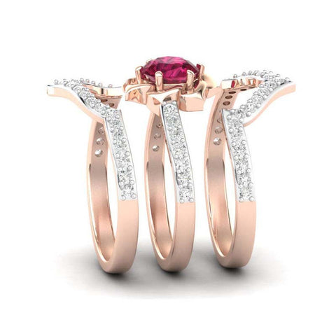 Rose Gold Inlaid Ruby Flower Three-piece Ring