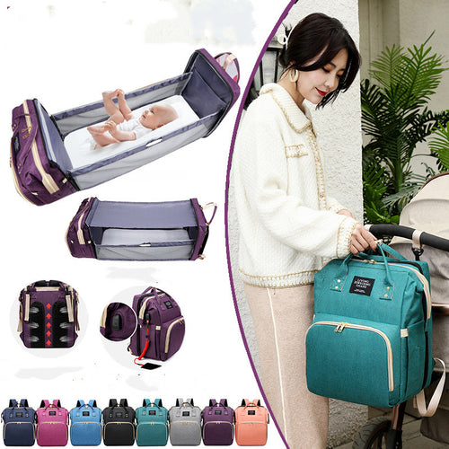 Mommy Bag Foldable Multifunctional Crib Mother And Baby Bag Rechargeable Backpack