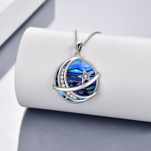 Star Moon Necklace Sterling Silver Galaxy Space Saturn Pendant Abalone Shell Jewelry