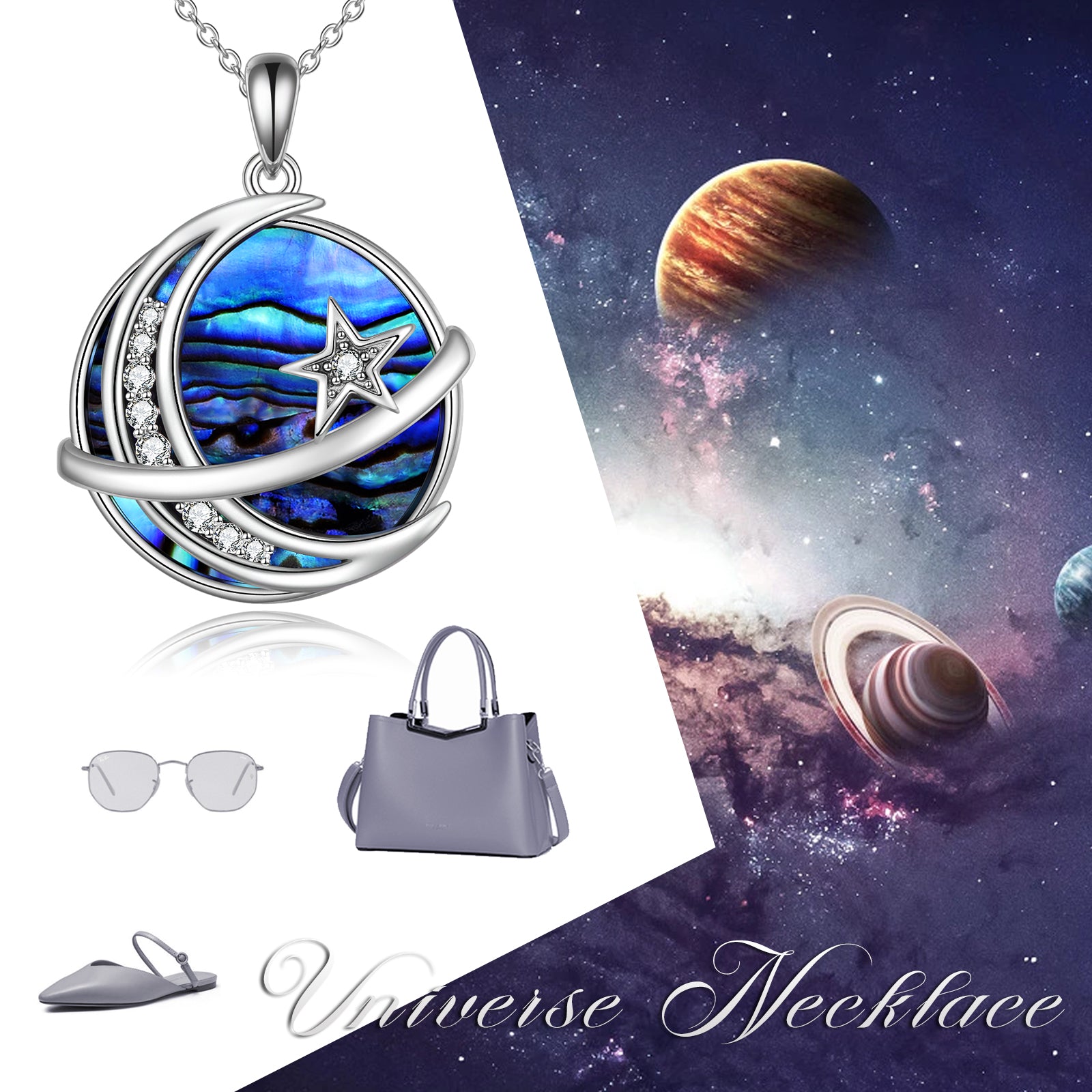 Star Moon Necklace Sterling Silver Galaxy Space Saturn Pendant Abalone Shell Jewelry