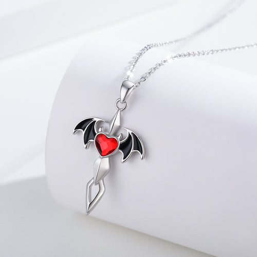 Bat Cross Pendant Necklace With Rosy Crystal Jewelry Gift For Women