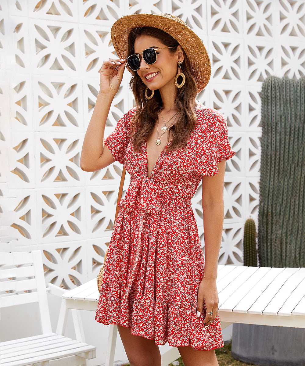 Deep V Ruffled Floral Spring Dress Women's Clothing - Minihomy