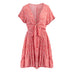 Deep V Ruffled Floral Spring Dress Women's Clothing - Minihomy