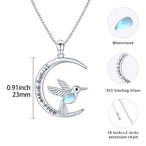 Sterling Silver Crescent Moon Hummingbird Pendant Inspirational Necklace Moonstone Bird Necklace Engrave Strong Brave Free Hummingbird Gift