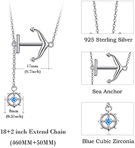925 Sterling Silver Anchor Rudder Nautical Ship Necklaces Blue Ocean Jewelry