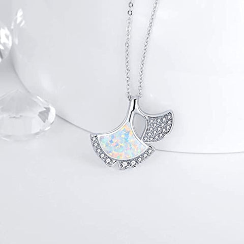 925 Sterling Silver Nature Ginkgo Opal Leaf Pendant Necklace Jewelry