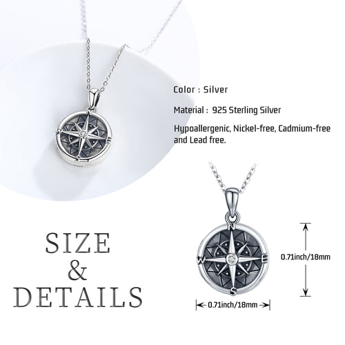 Sterling Silver Compass Round Photo Pendant That Holds Pictures Memorial Jewelry
