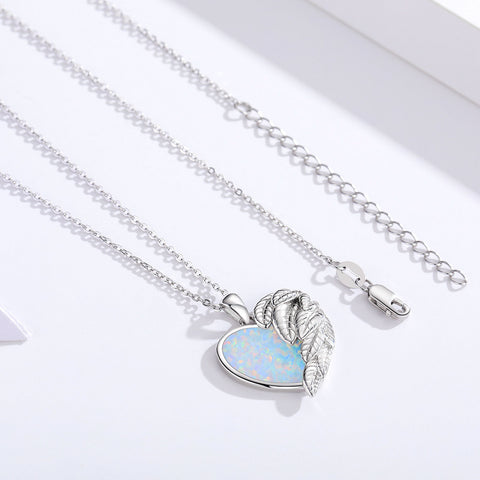 925 Sterling Silver  Angel Wing Heart Opal Guardian Dainty Rainbow Pendant Necklace Jewelry