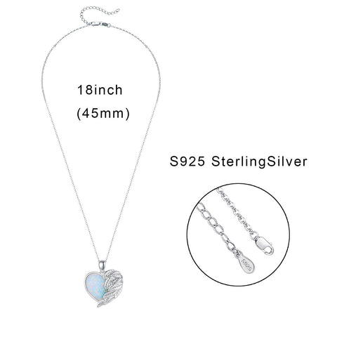 925 Sterling Silver  Angel Wing Heart Opal Guardian Dainty Rainbow Pendant Necklace Jewelry