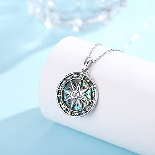 Compass Necklace for Women Sterling Silver Malachite Abalone Shell Pendant Jewelry Graduation Gift for Men Teens