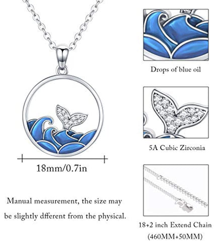 925 Sterling Silver Dolphin Jumping Tail Waves Whale Pendant Blue Wave Gradient Dainty Jewelry