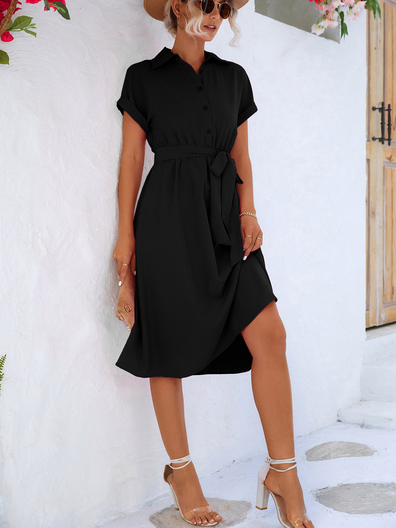 Cuffed Short Sleeve Belted Shirt Dress - Minihomy