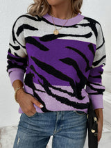 Tiger Print Ribbed Trim Tunic Sweater