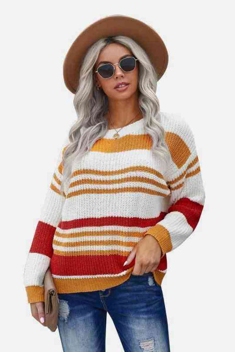 Color Block Drop Shoulder Sweater - Minihomy