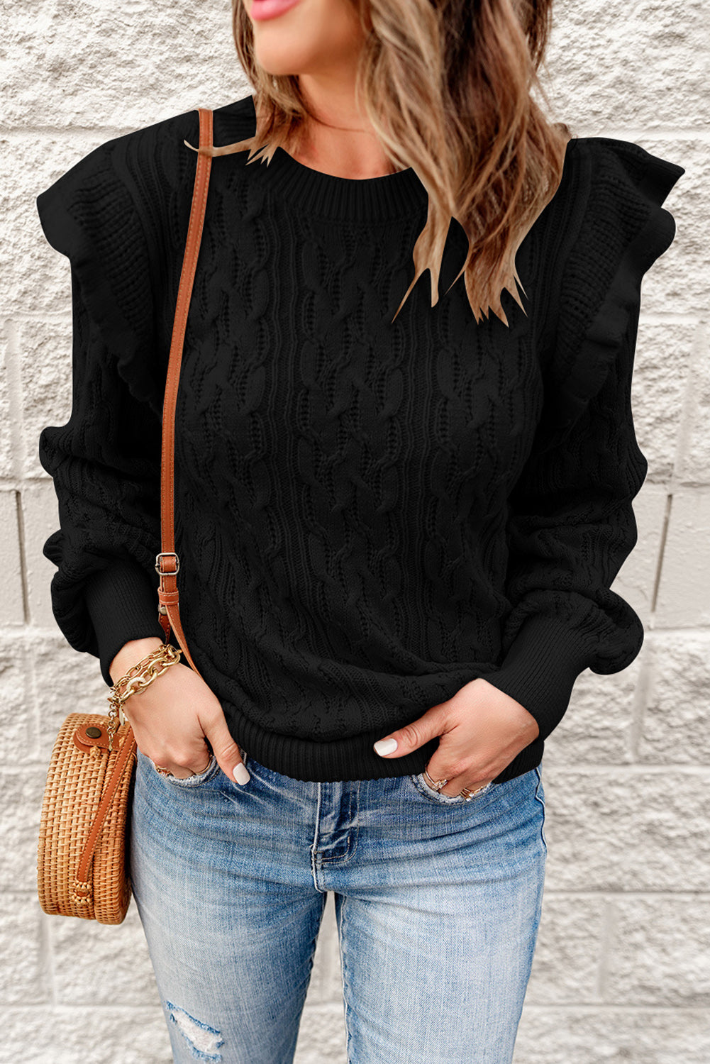 Ruffle Shoulder Cable-Knit Sweater - Minihomy