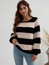 Striped Raglan Sleeve Ribbed Trim Knit Top - Minihomy